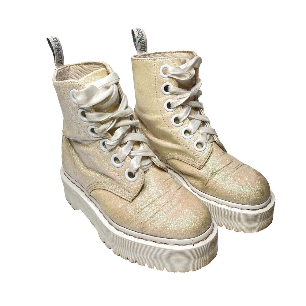 DR. MARTENS Molly Iridescent Glitter White Platform Combat Boots Womens Size 7